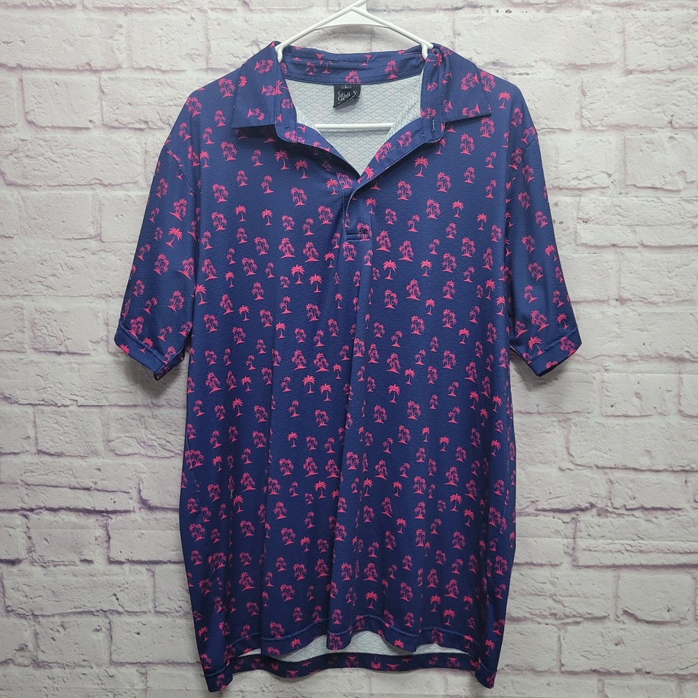 Golf Gods Australia Palm Tree Polo Shirt‎ Size L Navy Hot Pink AOP Performance